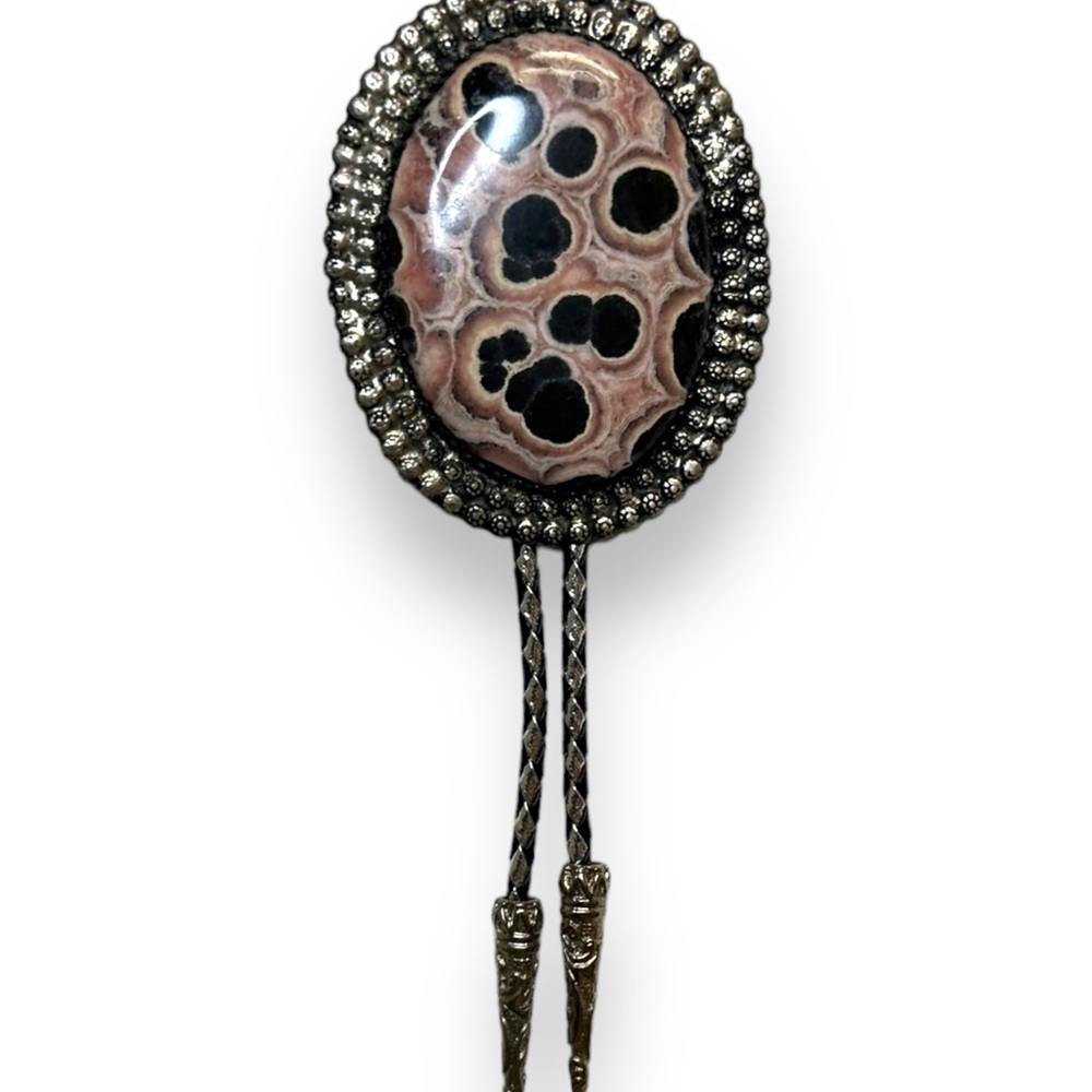 Vintage biker bolo tie leather necklace western boho possibly silver or jasper